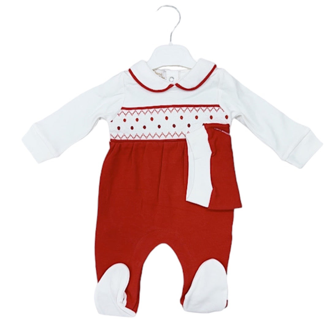 Christmas Red and White Smocked All In One & Hat Set