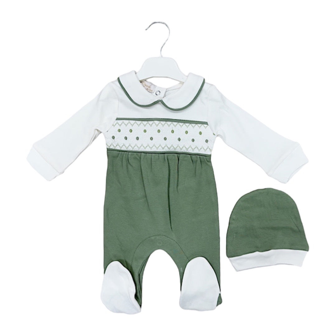 Green & White Smocked All In One & Hat Set