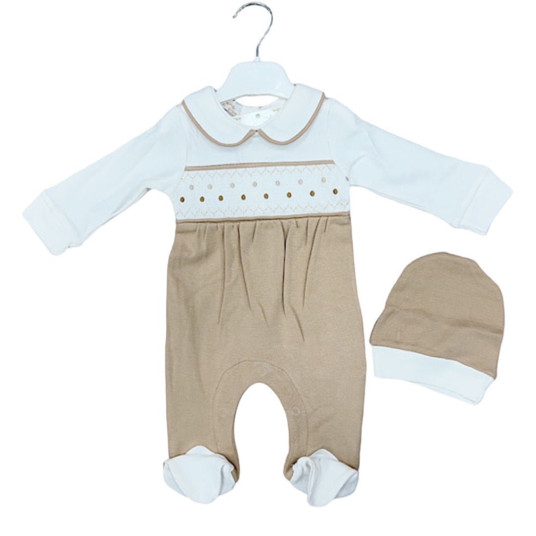 Beige & White Smocked All In One & Hat Set