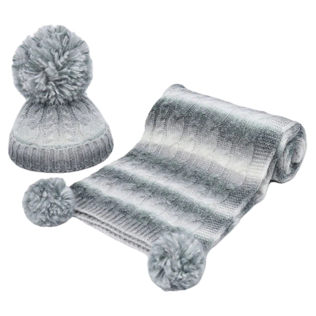 GREY/WHITE CABLE HAT AND WRAP SET