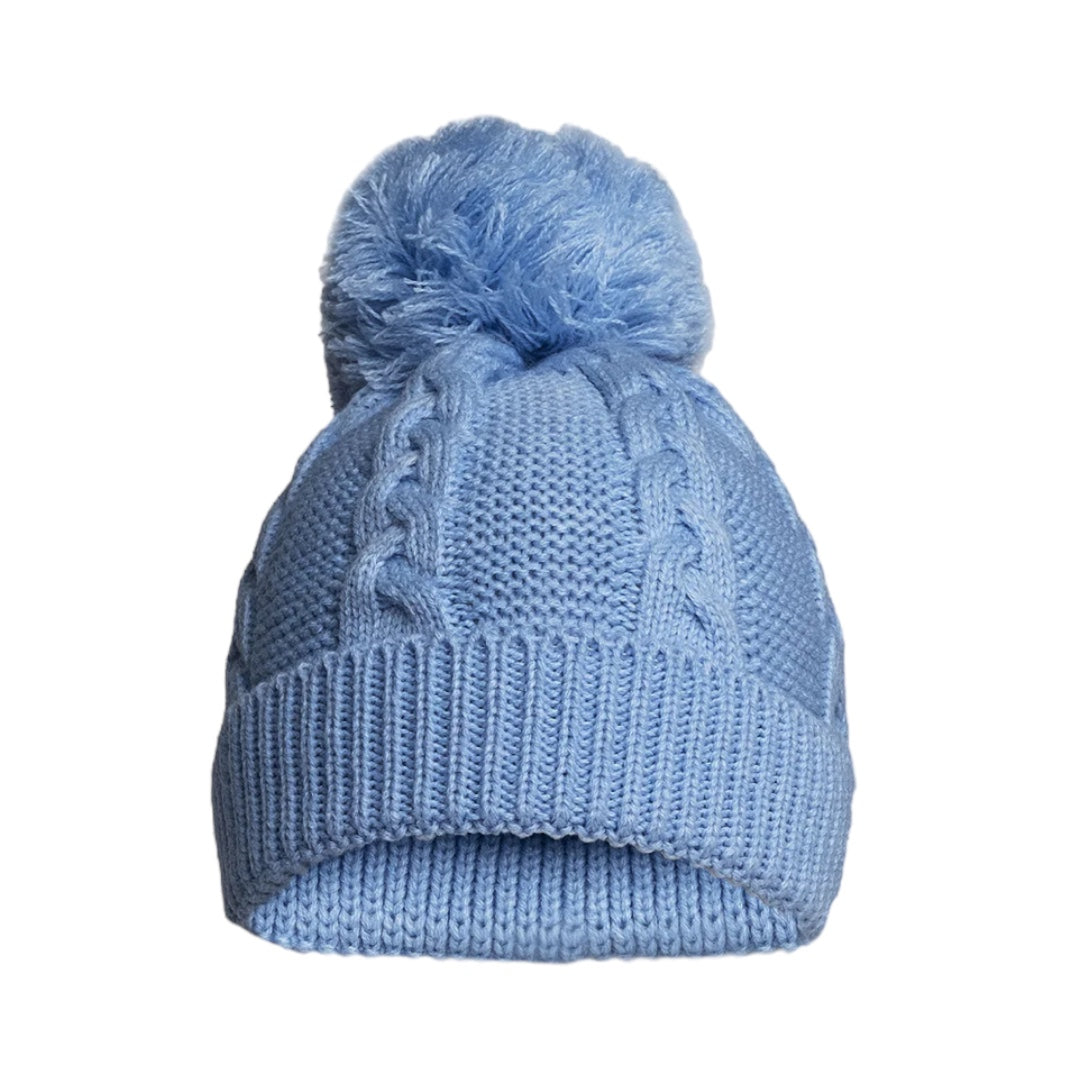 Infant Recycled Acrylic Cable Knit Pom Pom Hat - Blue