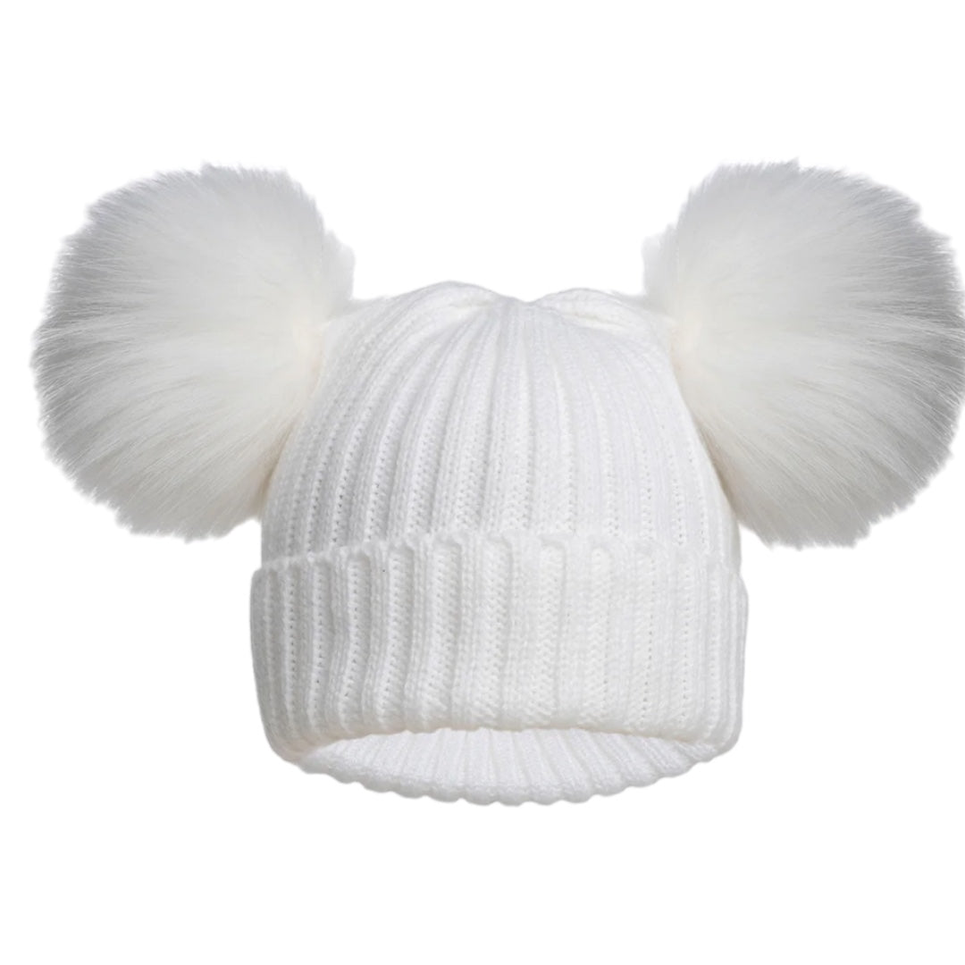 WHITE INFANTS RIBBED HAT FAUX FUR POM POM