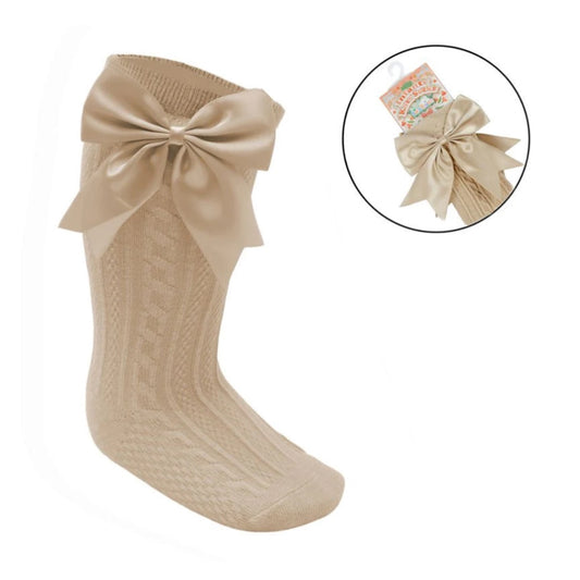 Beige Infants Cable Knee Length Socks  Large Bow (0-24Months)