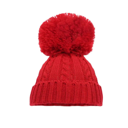 Red Cable Knit Hat with Pom Pom