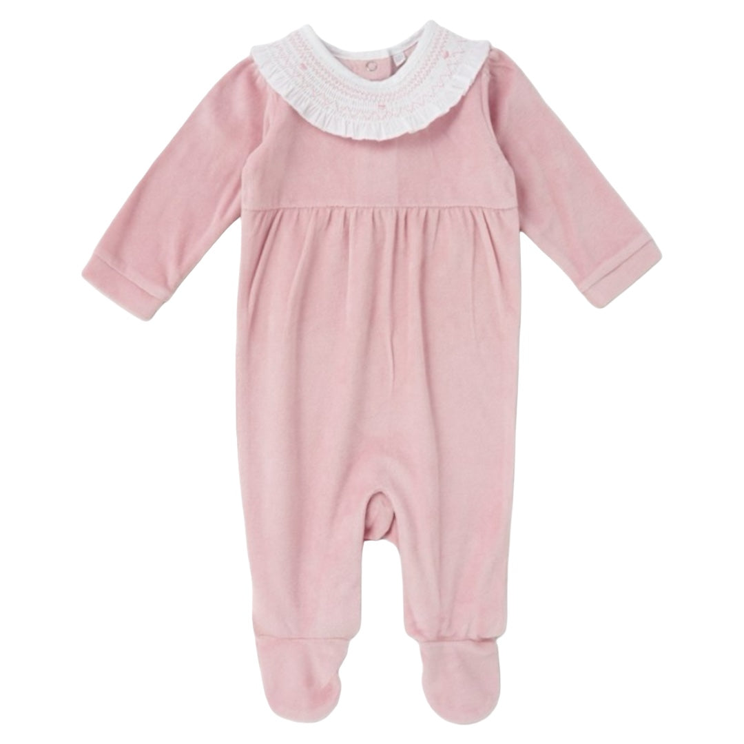 BABY GIRLS SMOCKED VELOUR ALL IN ONE ON A SATIN PADDED HANGER