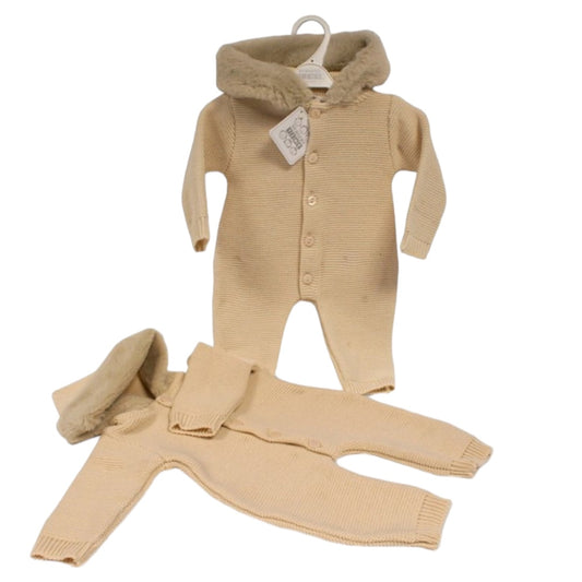 BABY KNITTED ALL IN ONE WITH HOOD AND BUTTONS- Taupe