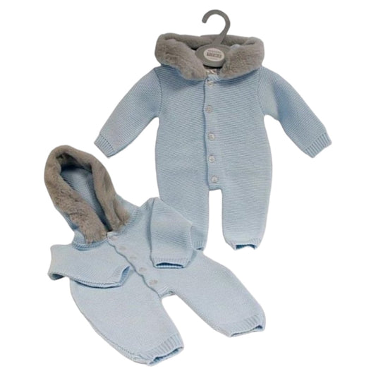 BABY KNITTED ALL IN ONE WITH HOOD AND BUTTONS- Blue