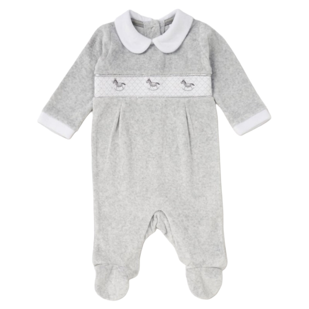 BABY UNISEX SMOCKED VELOUR ALL IN ONE ON A SATIN PADDED HANGER