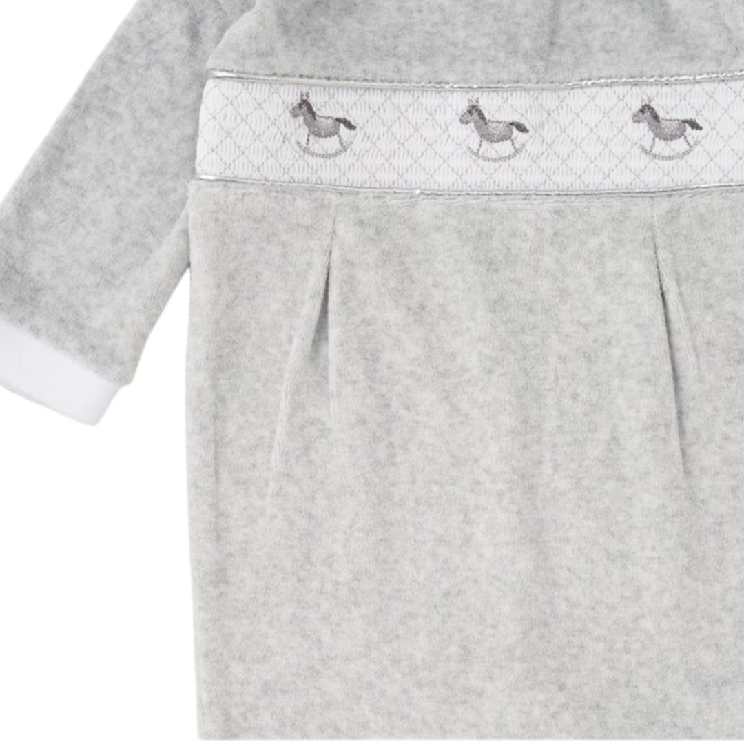 BABY UNISEX SMOCKED VELOUR ALL IN ONE ON A SATIN PADDED HANGER