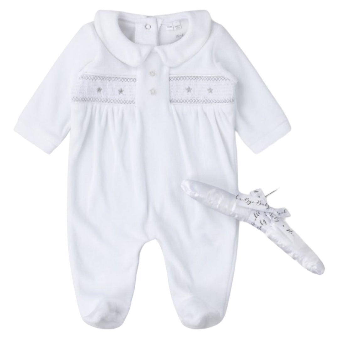 BABY UNISEX SMOCKED VELOUR ALL IN ONE ON A SATIN PADDED HANGER