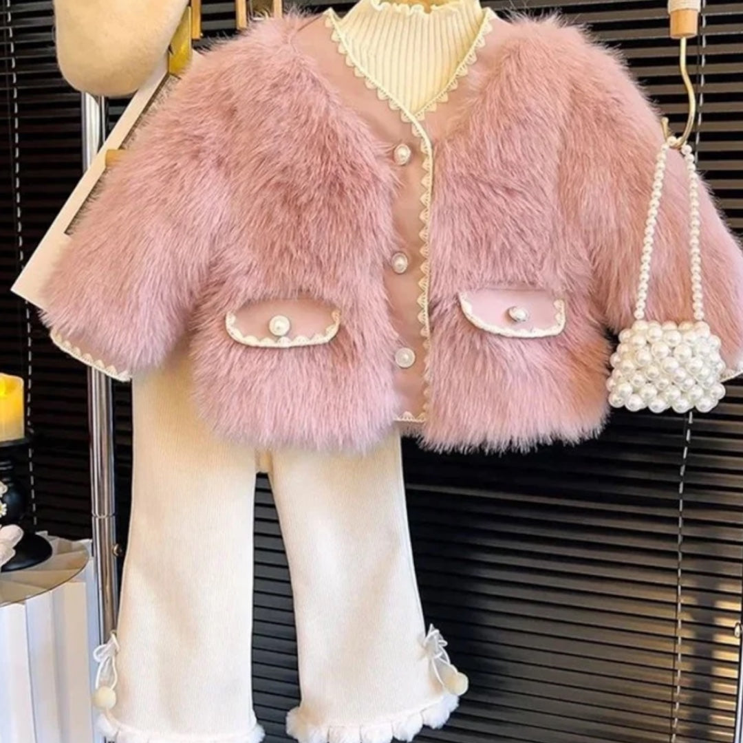 Girls 3Piece bubblegum Set (Fur Coat,Polo Top,Bottoms)