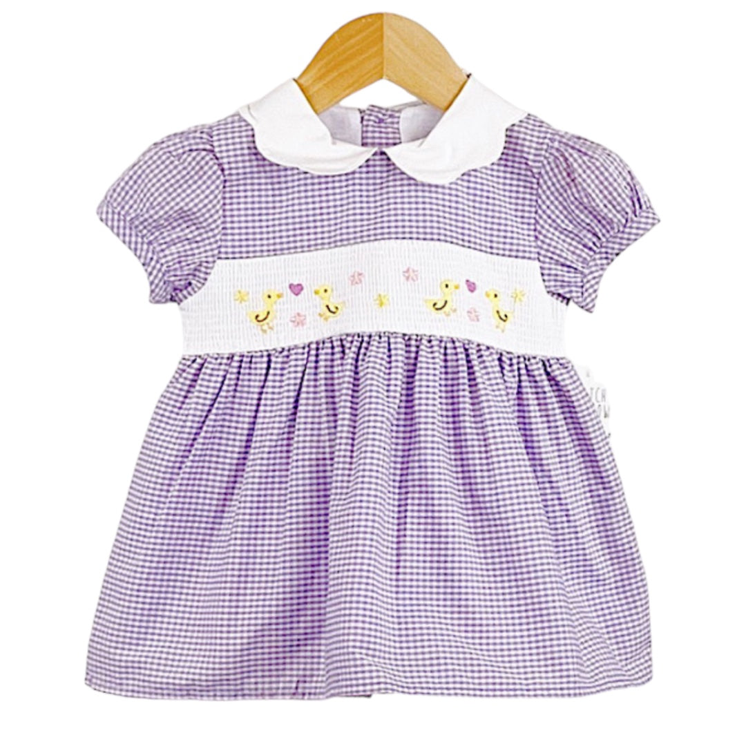 Purple Gingham Chicks In Love Scallop Smock Dress