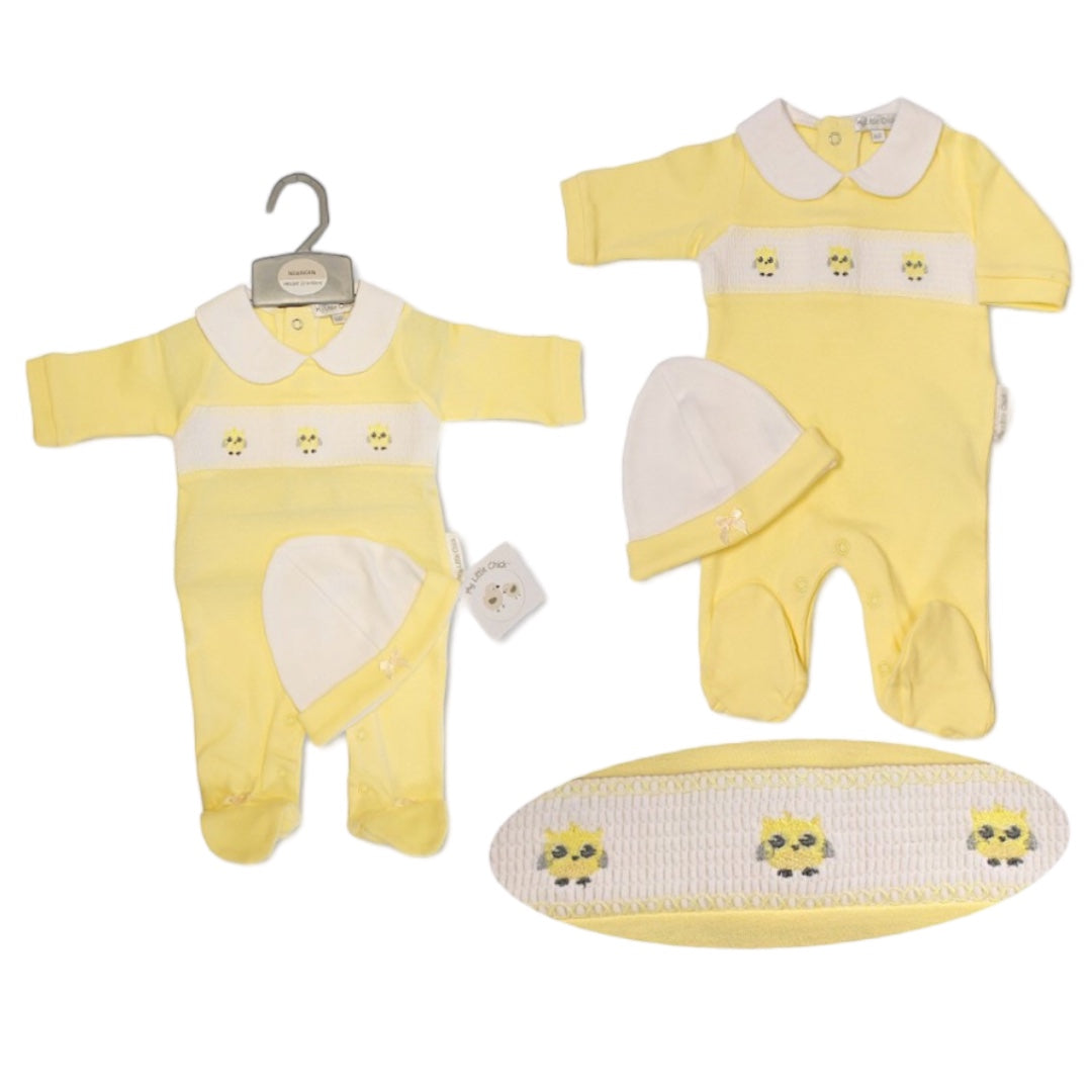 Lemon Owls Smocked Sleepsuit & Hat Set