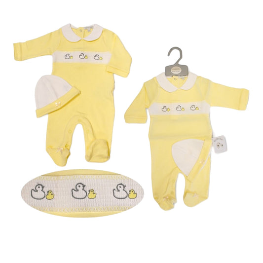 Lemon Duckling Smocked Sleepsuit & Hat Set