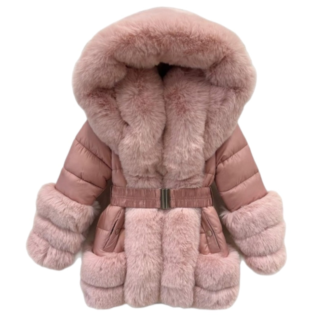 Winter Dusty Pink Bubble & Faux Fur Coat