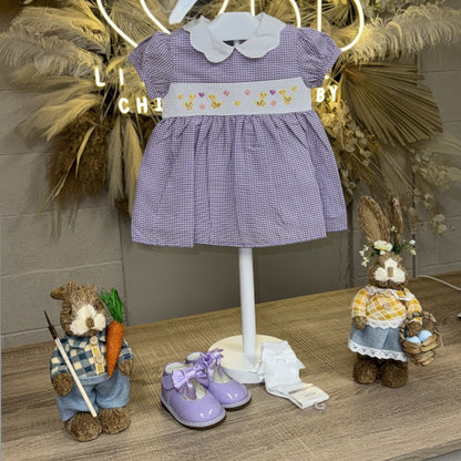 Purple Gingham Chicks In Love Scallop Smock Dress