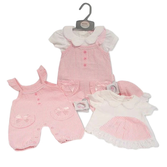 Baby Girls Striped 3 pcs Dungaree Set with Bows and Hat