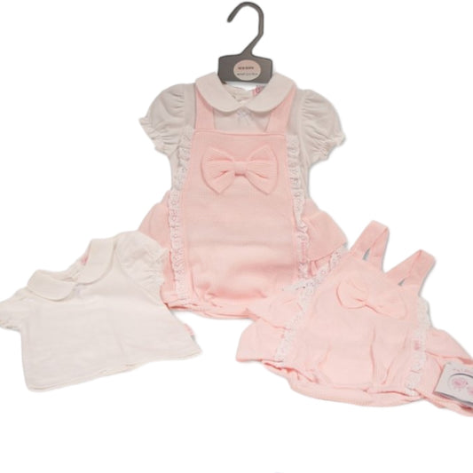 BABY GIRLS SHORT DUNGAREE SET WITH LACE AND BOW