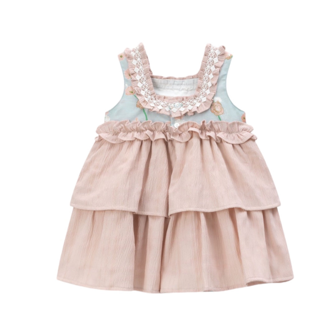 Dusty Pink & Blue Floral Bow Contrast Dress 6 Months to 2-3 Years