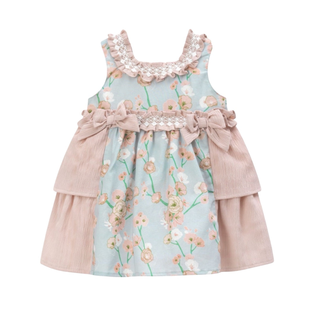 Dusty Pink & Blue Floral Bow Contrast Dress 6 Months to 2-3 Years