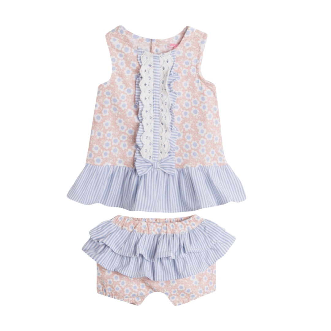 Dusty Pink & Blue Floral Lace Contrast Blouse & Short 6 Months to 2-3 Years