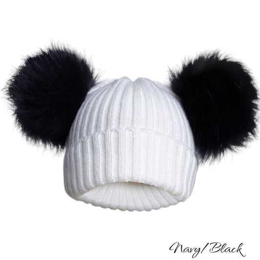 NAVI/BLACK CABLE KNIT HAT WITH 2 LARGE FUR POM POM