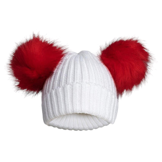 RED CABLE KNIT HAT WITH 2 LARGE FUR POM POM