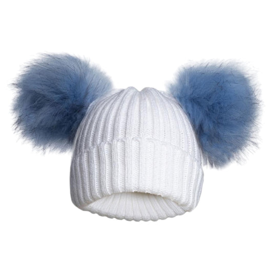 Blue CABLE KNIT HAT WITH 2 LARGE FUR POM POM