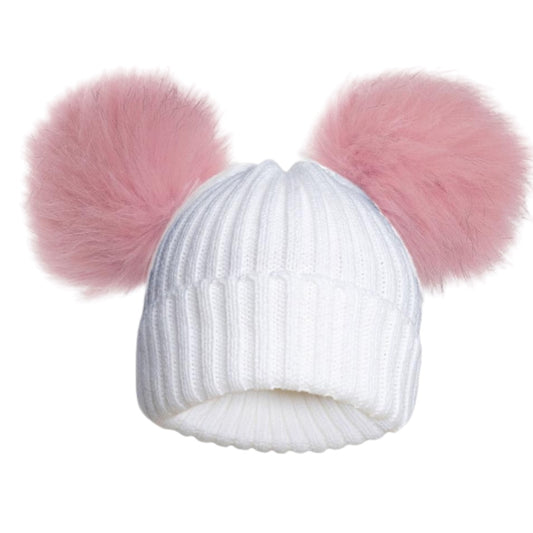 Pink CABLE KNIT HAT WITH 2 LARGE FUR POM POM