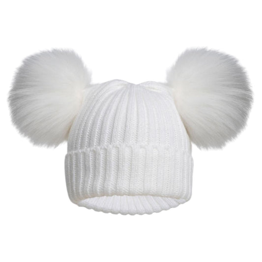 WHOTE CABLE KNIT HAT WITH 2 LARGE FUR POM POM