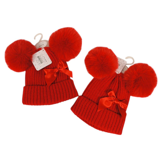 RED CABLE KNIT HAT WITH BOW & 2 LARGE FUR POM POM