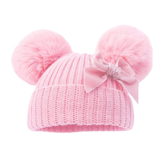 PINK CABLE KNIT HAT WITH BOW & 2 LARGE FUR POM POM