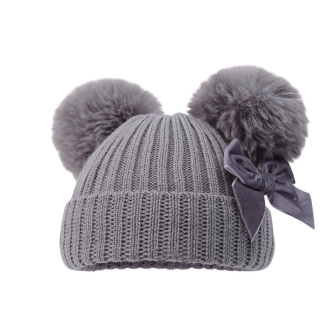 GREY CABLE KNIT HAT WITH BOW & 2 LARGE FUR POM PO