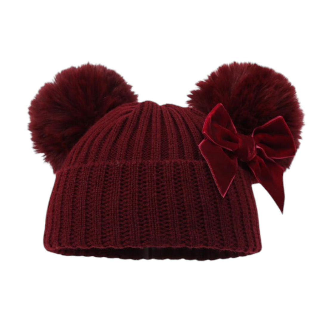 WINE CABLE KNIT HAT WITH BOW & 2 LARGE FUR POM PO