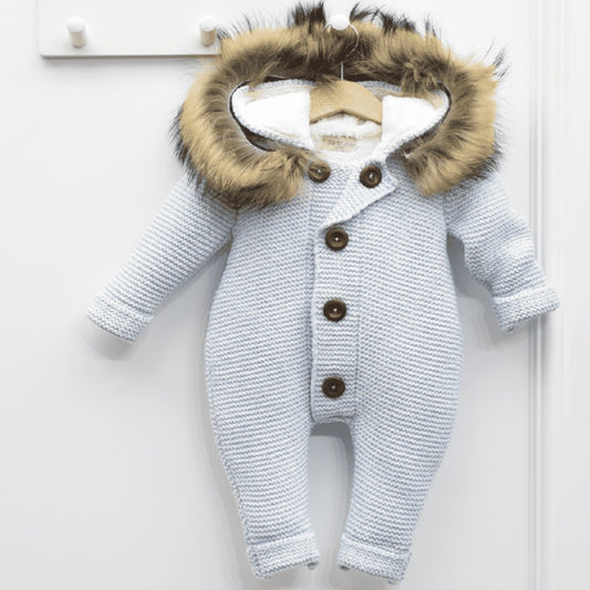 Luxury Cloud Blue Knitted PramSuit With Fur Trim