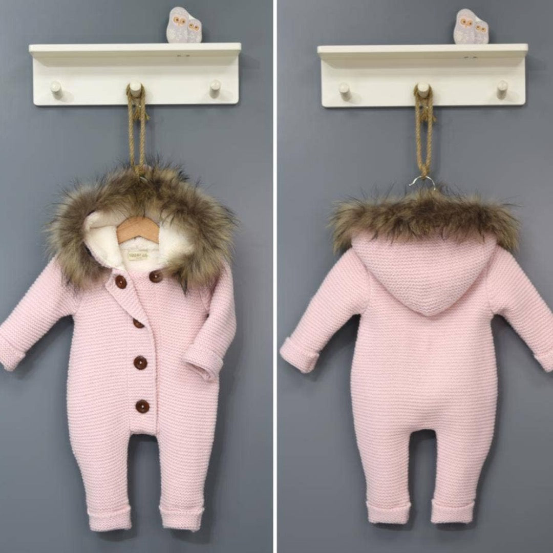 Luxurious Pink Knitted PramSuit With Fur Trim