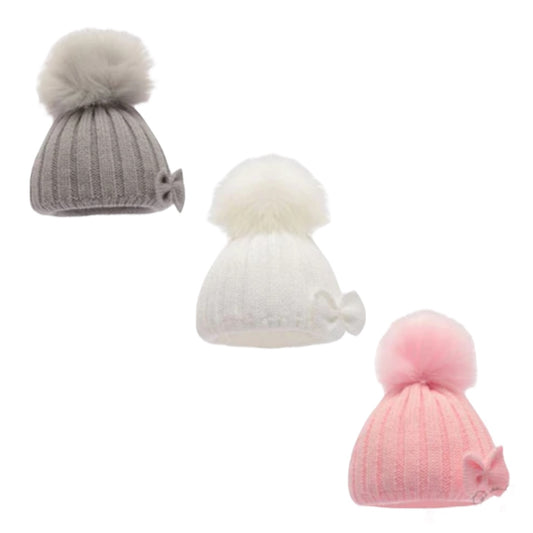 Pink, Grey, White Cable Hat w/Faux Fur Pom Pom & Bow