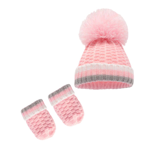 PINK RIBBED HAT & MITTEN SET (NB-12 Months)