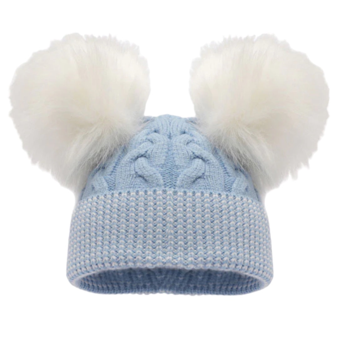 BLUE CABLE KNIT HAT WITH 2 LARGE FUR POM POM