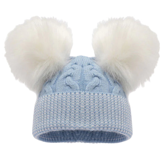 BLUE CABLE KNIT HAT WITH 2 LARGE FUR POM POM