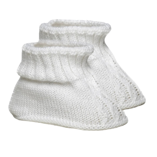 WHITE ACRYLIC BABY BOOTEES W/CHAIN KNIT