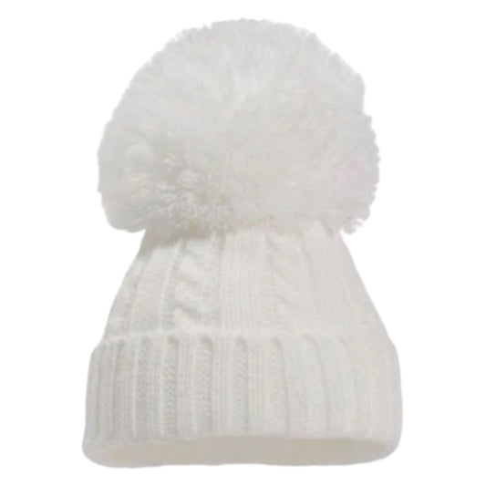 White 'Elegance' Cable Knit Hat w/Pom Pom