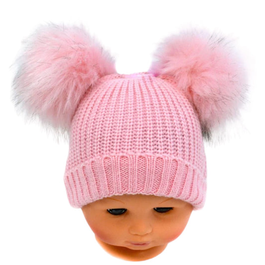 Small Pink Double Pom-Pom Hat - NB-12 MTHS