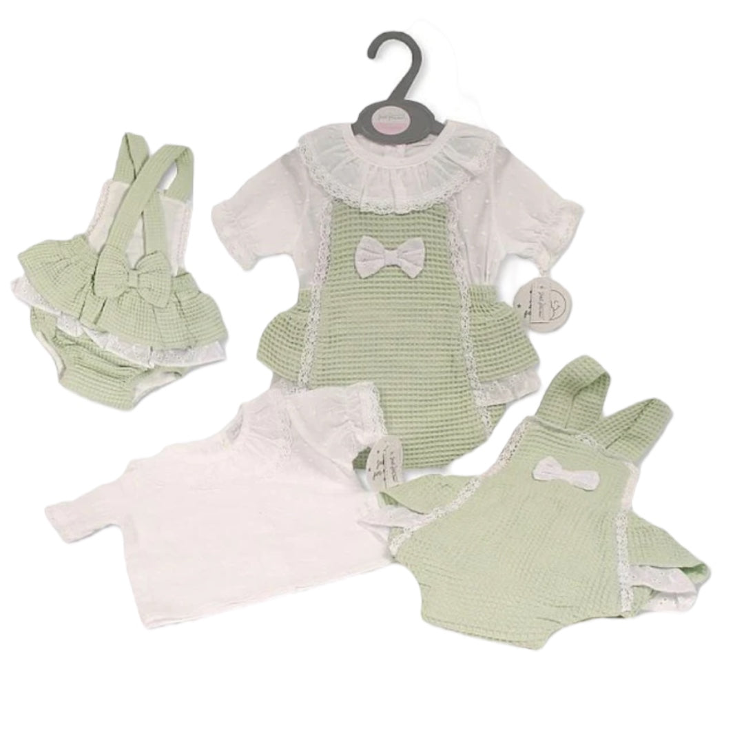 Baby Girls Dungaree Set with Bows and Lace - Sage